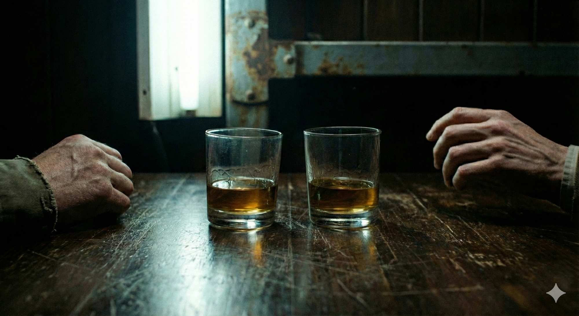 Two hands and two glasses with Talisker on a wooden table. 
